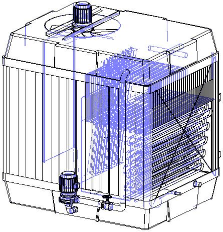 Ilustração de um condensador evaporativo de grande porte